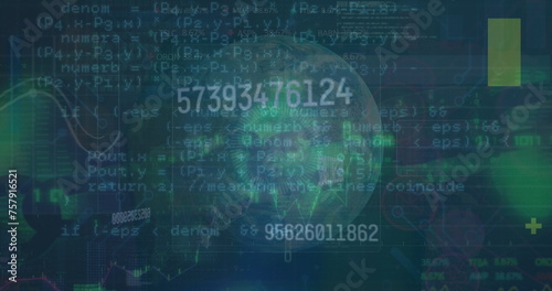 Image of data, globe, numbers and graphs on navy background