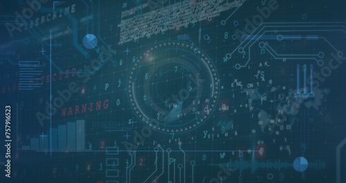 Image of data, digital screens, graphs and texts on navy background