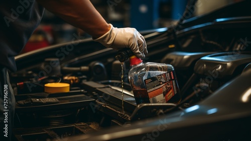 Professional mechanic adding oil to vehicle engine during regular maintenance service