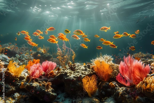 Vibrant Underwater Scene with School of Fish and Coral © DjelicN
