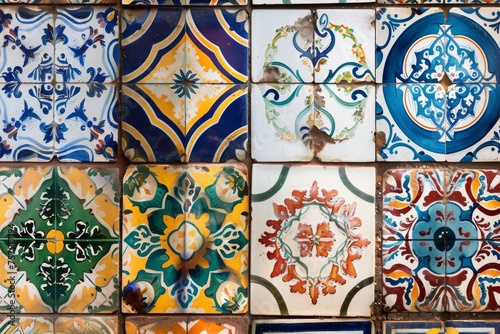 Traditional ceramic tile patterns from Portugal. Vibrant and colorful mosaic of traditional Portuguese ceramic tiles with intricate floral and geometric patterns