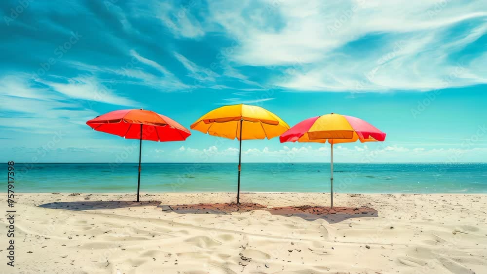 Colorful umbrellas on the beach by the sea in summer. Summer background with copy space. Colorful umbrellas on the beach by the sea in summer. Summer background with copy space.
