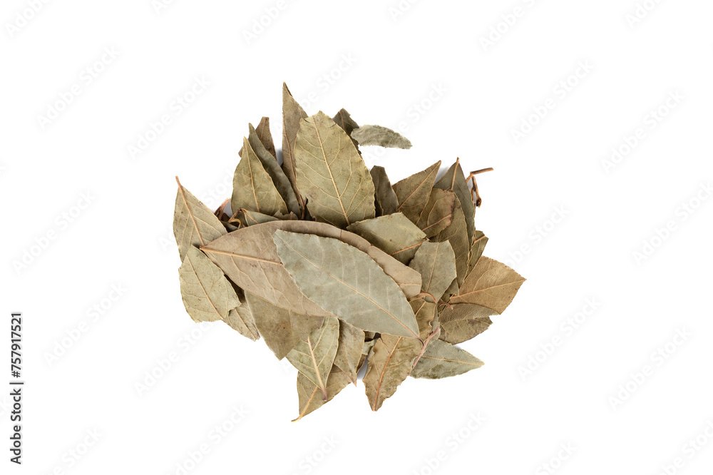 Top view of a bunch of dried bay leaves on a white background.