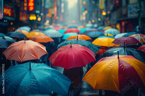rain in city street people with umbrellas walk blurred light rain view from window urban life style banner  2 