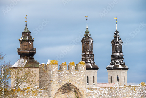 Visby city wall with cathedral towers in background