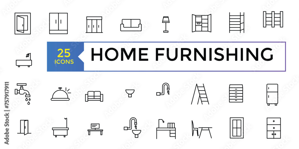 Home furnishing icon set vector isolated collection. Furniture, line icons set. Collection black outline logo for mobile apps web or site design. Interior vector.