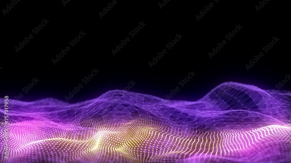 Futuristic technology double wave. Digital cyberspace. Abstract wave with moving particles on background. Big data analytics. 3d rendering.