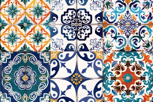Traditional ceramic tile patterns from Portugal. Vibrant and colorful mosaic of traditional Portuguese ceramic tiles with intricate floral and geometric patterns