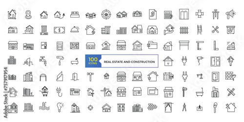 Set of outline Real Estate And Construction icons. Editable stroke thin line icons bundle. Vector illustration