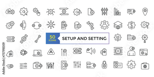 Setup and setting set, Gear Related Vector Line Icons. Contains such Icons as Engineering, Process, Settings and more. Vector illustration