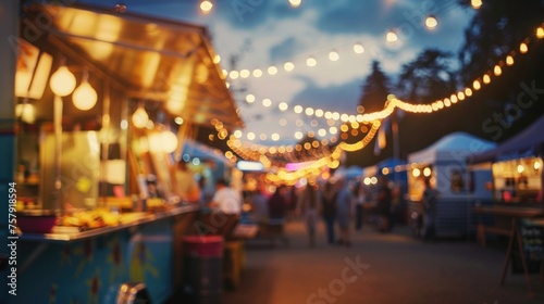 Warm lights illuminate a bustling outdoor food market at dusk, capturing the vibrant energy and community spirit.