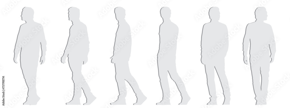 Vector concept conceptual  gray paper cut silhouette of an young man walking from different perspectives isolated on white. A metaphor for casual, fashion, relaxation, leisure and lifestyle
