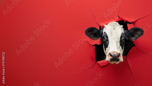 This image captivates with a cow cheekily peeking through a neatly torn hole in a saturated red background photo