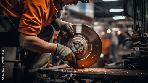 Professional mechanic changing brake pads during vehicle maintenance and repair service photo