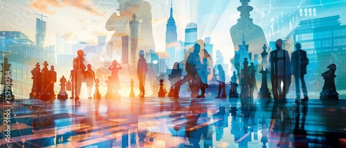 Double exposure of chess board game and business people with financial graph chart and city background.