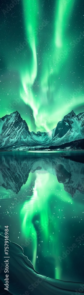 Green northern lights above mountains.Night winter landscape with aurora and reflection on the water surface.