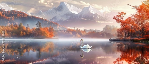 A beautiful landscape with a swan floating on the lake. photo