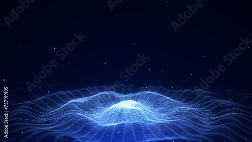 Futuristic wave. Dark cyberspace. Abstract music sound wave with dots. White moving particles on a black background. 3d rendering.