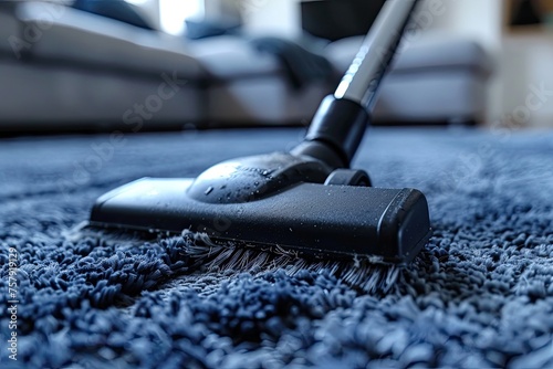 Vacuum cleaner on carpet in living room, closeup view