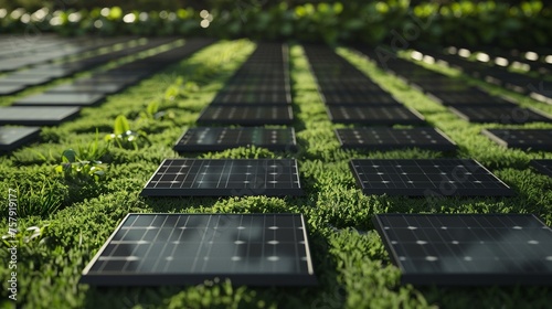 Rows of black solar panels are installed on the green grass.