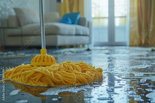 Mop cleaning the floor with yellow woolen cloth in the living room