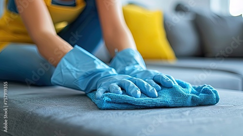 Cleaning service. Cropped image of female hands in gloves cleaning sofa