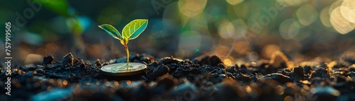 A seedling is growing on a coin lying on the ground. Green investment concept photo