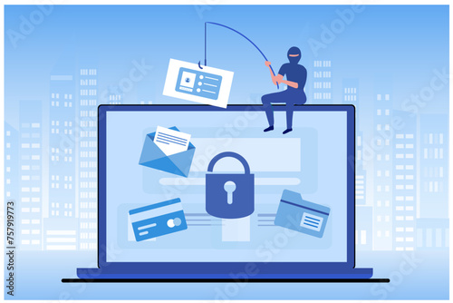 Phishing scam, hacker crime attack and personal data security concept. Hacker try to unlock the key on computer and phishing account, stealing password. cyber security vector illustration
