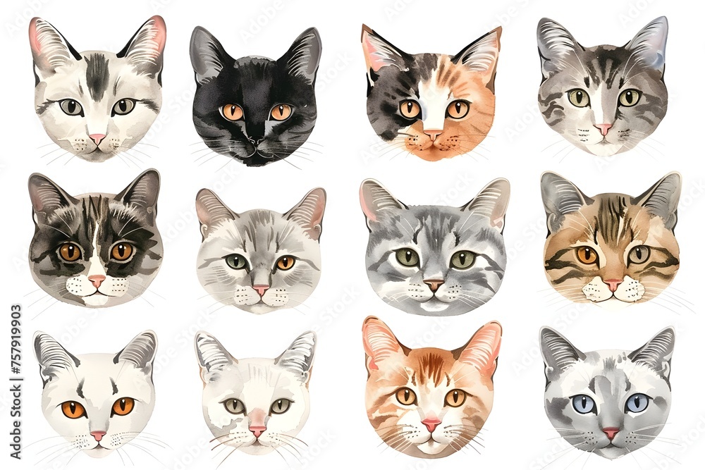 Set of Colorful Watercolor Cat Faces Illustration