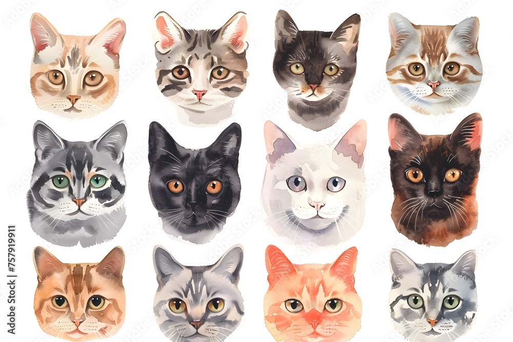 Watercolor Cat Faces Set in a Stylish Realistic Hyper-Detailed Illustration