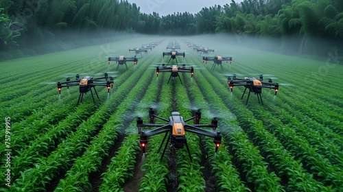 Innovative farming: drones equipped with water sprayers tend to vibrant crops on sunny day