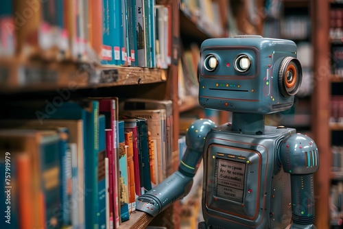 Adult Learning Robot Amongst Books in Vintage Style photo