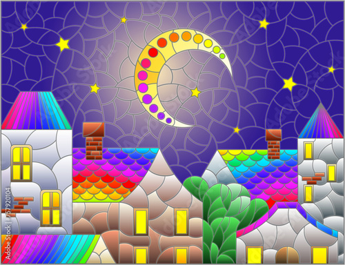 An illustration in the style of a stained glass window with an urban landscape against the background of the night starry sky and the moon