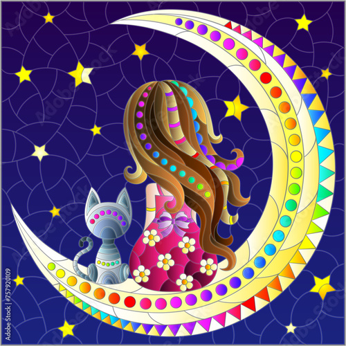 A stained glass illustration with a girl and a cat on the moon on a starry sky background