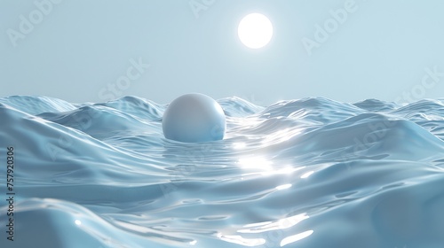 3d rendering of a white globe floating in blue water with a moon in the background