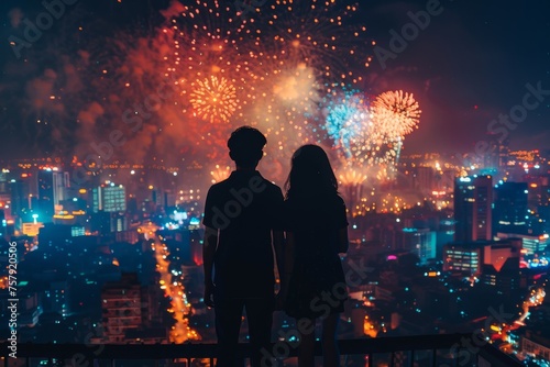 A couple is standing on a rooftop looking at fireworks