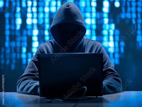 A hooded figure using a laptop, concealing their identity, creating a mysterious and technological effect commonly associated with hackers or programmers working in the darkness