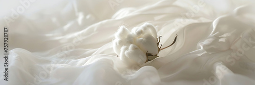 Macro photography capturing the delicate beauty of a cotton flower resting on a pristine white fabric background