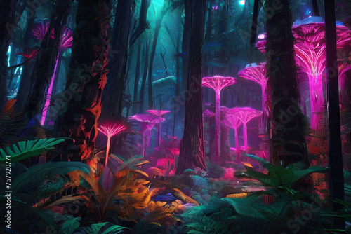 Mystical magic exotic forest with shiny neon illumination. Surreal and enchanting artwork