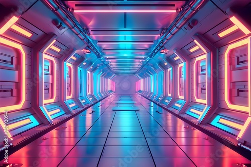 Futuristic Corridor with Neon Azura and Pink Lights photo