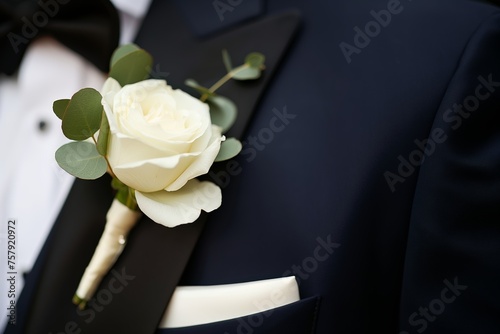 Detail of a white rose with green leaves on the lapel of the groom's suit on his wedding day