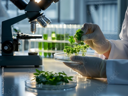 Food technology. Close-up of a person in a laboratory analyzing plants