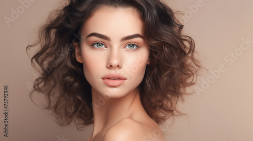 Portrait of a model with healthy skin and natural makeup on a studio background 