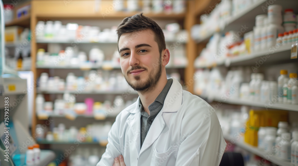 Portrait of young pharmacist in pharmacy