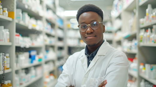 Portrait of young african american pharmacist in pharmacy