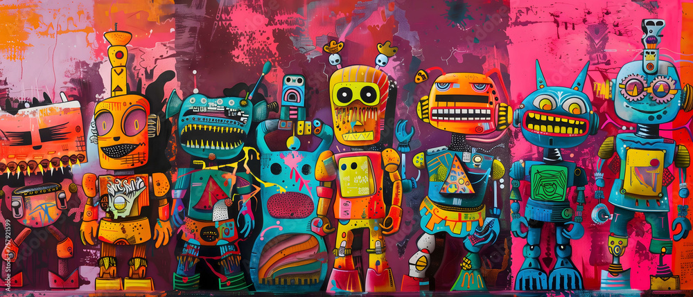 Several colorful robots are posing together graffiti beautiful artwork in vivid colors style.