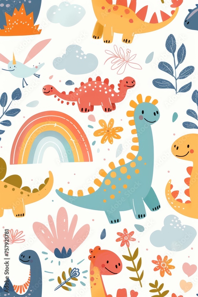 Obraz premium Colorful cartoon dinosaurs in a whimsical landscape. This vibrant image showcases playful cartoon dinosaurs in a variety of colors, surrounded by whimsical flora and other cute elements