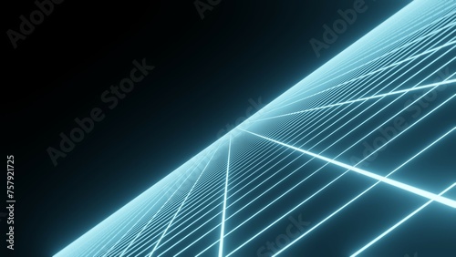 Retro fantastic background of the 80. Perspective grid with night sky. Futuristic neon mesh. 3d rendering.