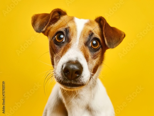 Close-up of a cute dog with a curious expression against a vivid yellow backdrop.