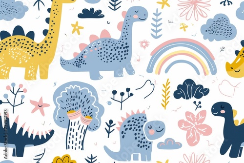 Colorful cartoon dinosaurs in a whimsical landscape. This vibrant image showcases playful cartoon dinosaurs in a variety of colors, surrounded by whimsical flora and other cute elements